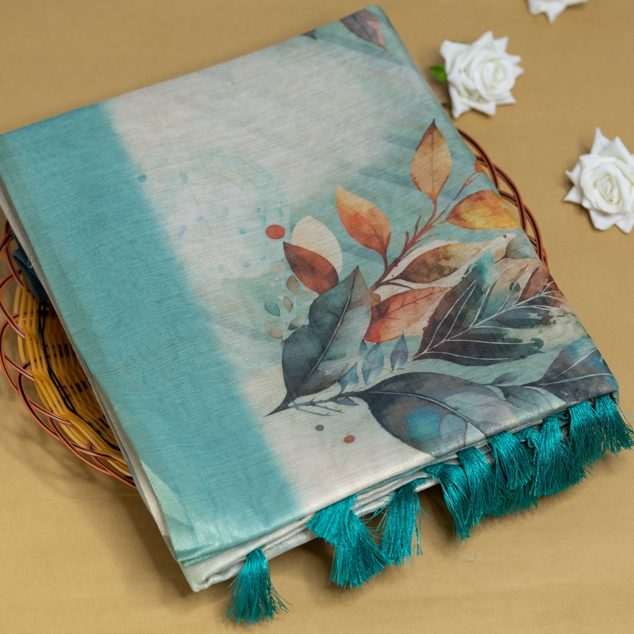 Ethnic Floral Printed Tissue Saree - Green