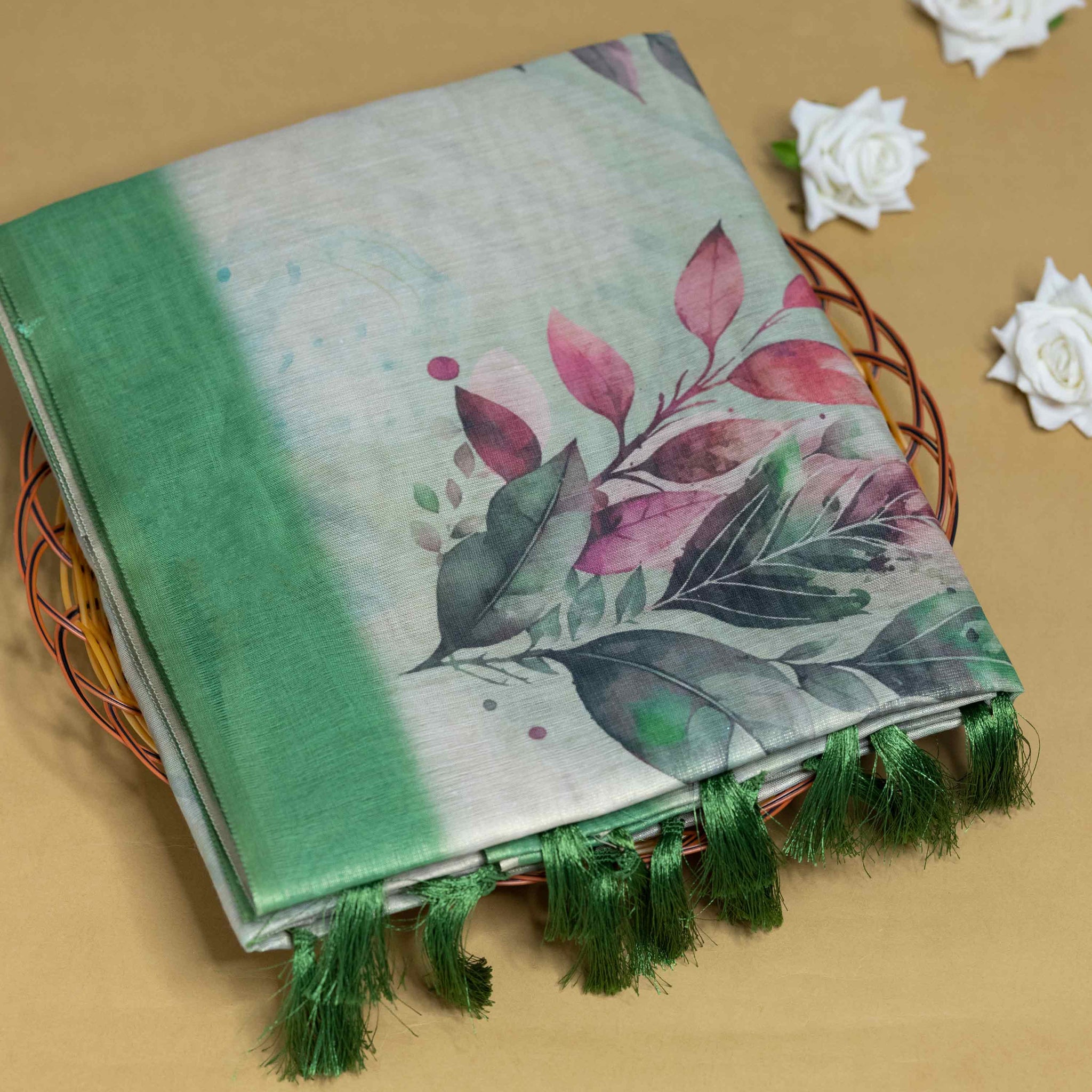 Ethnic Floral Printed Tissue Saree - Green