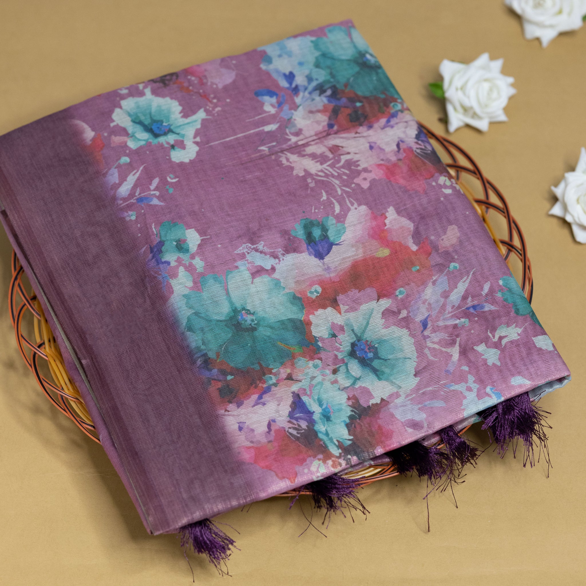 Ethnic Floral Printed Tissue Saree - Pink
