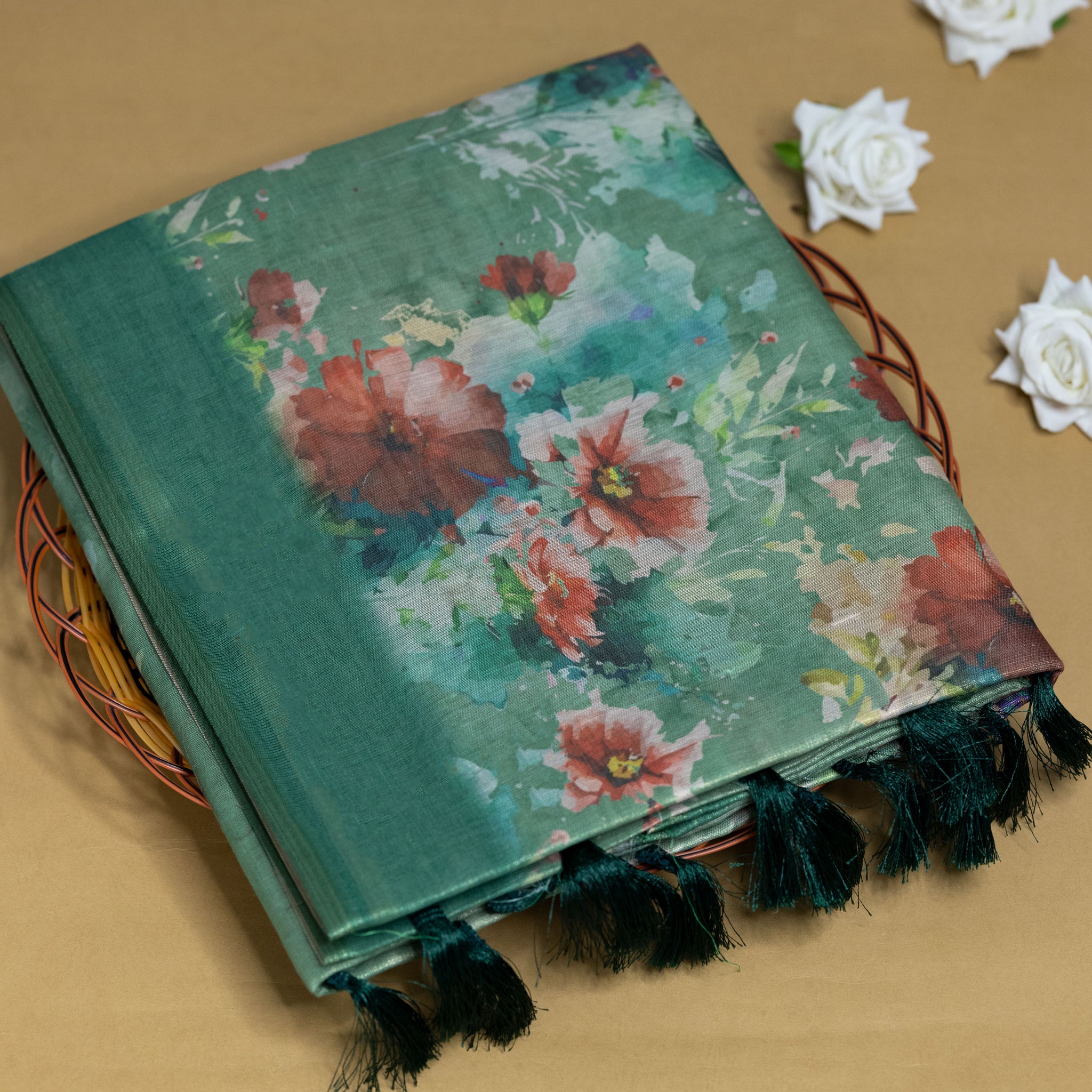 Ethnic Floral Printed Tissue Saree - Green