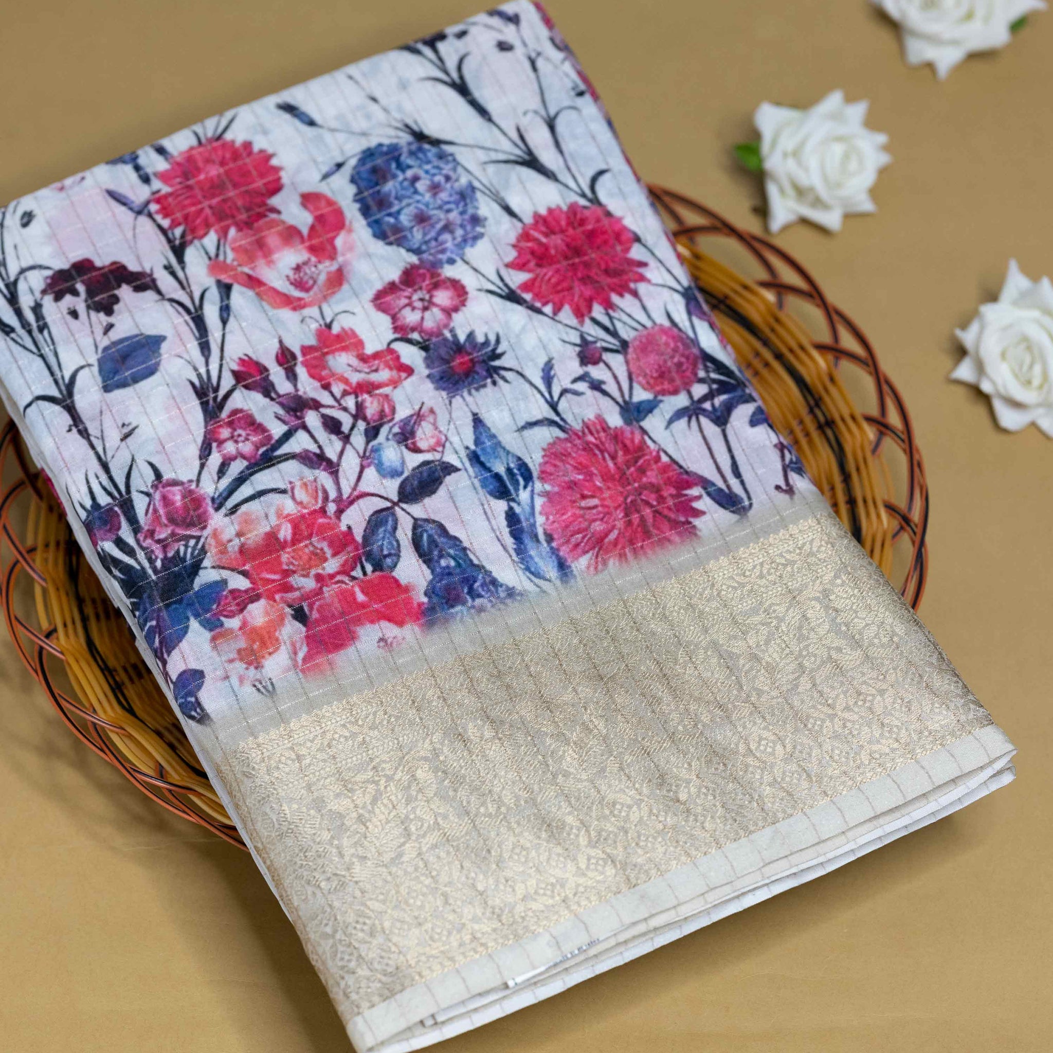Floral Pattern Dola Silk Saree With Woven Border - White