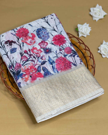 Floral Pattern Dola Silk Saree With Woven Border - White