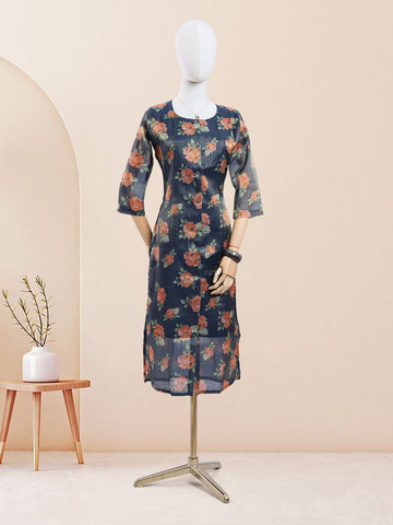 Designer Teal Blue Color Printed Women's Kurti