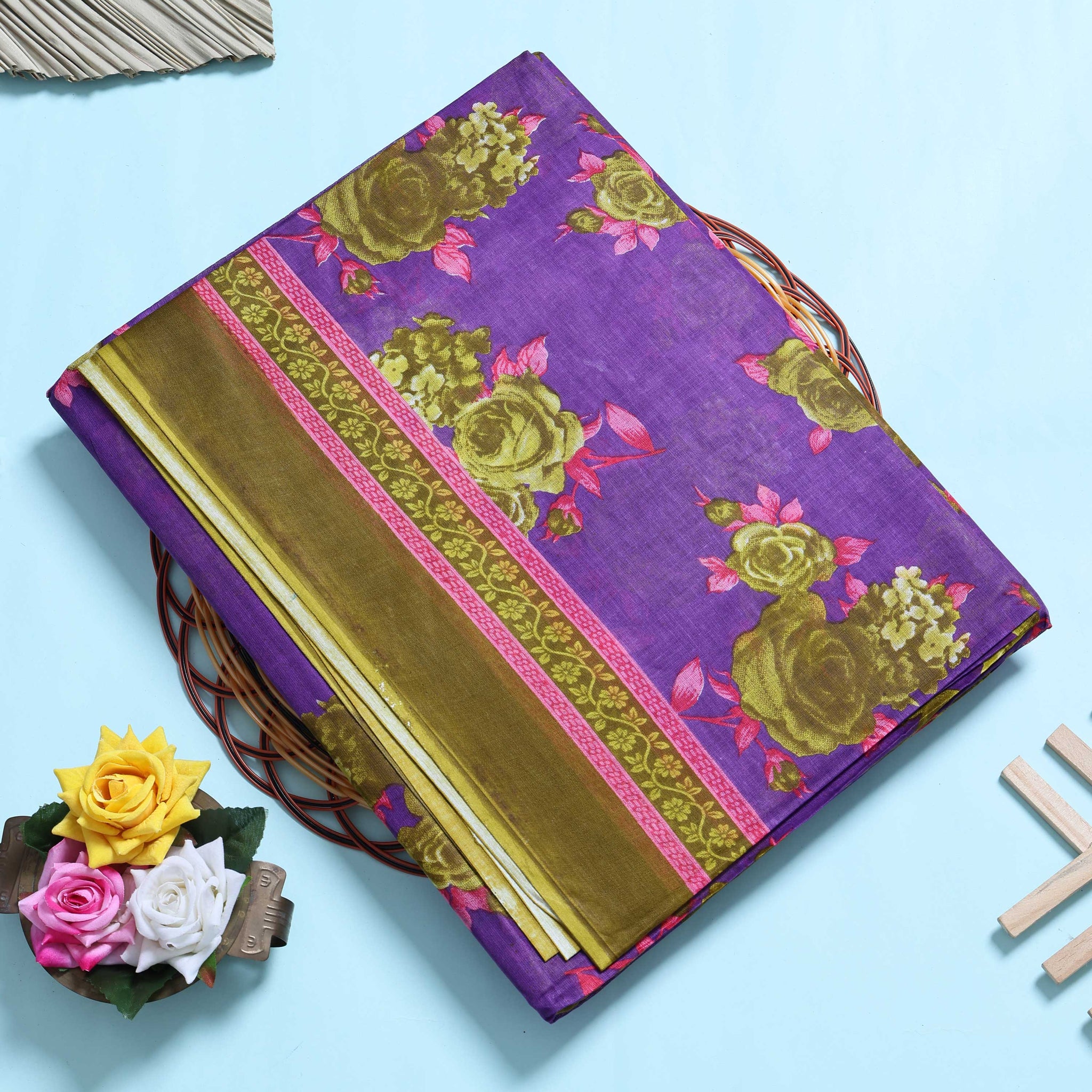 Purple Voile Cotton Saree Without Blouse