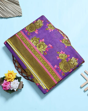 Purple Voile Cotton Saree Without Blouse