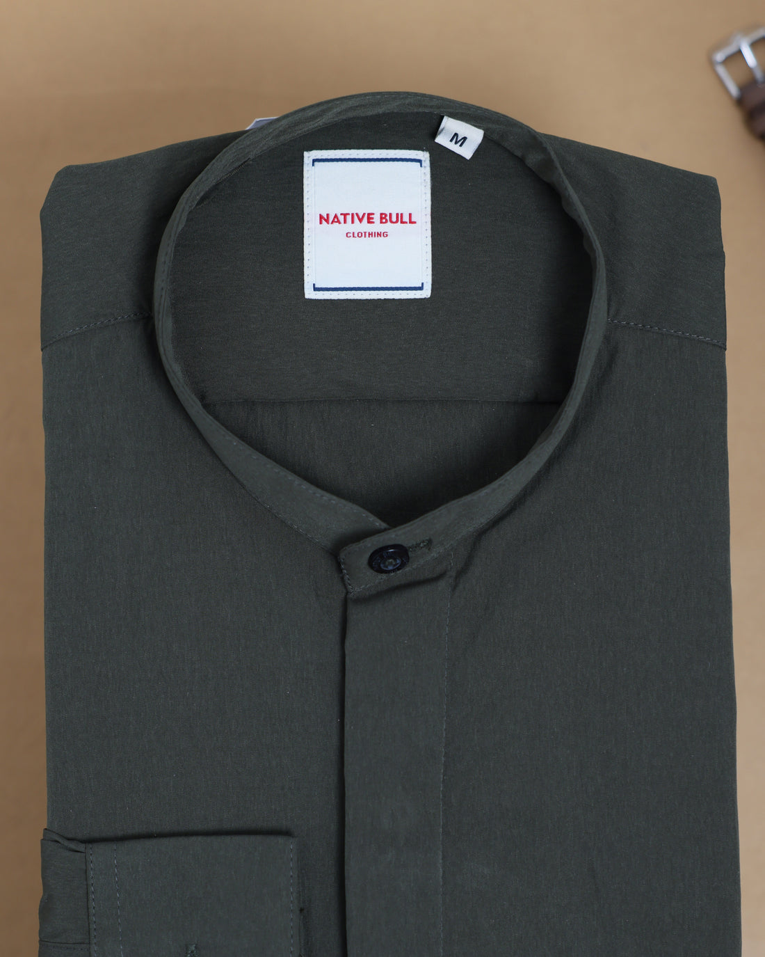 Native Bull Men's Solid Mandarin Collar Casual Shirt and Full Sleeves - Green