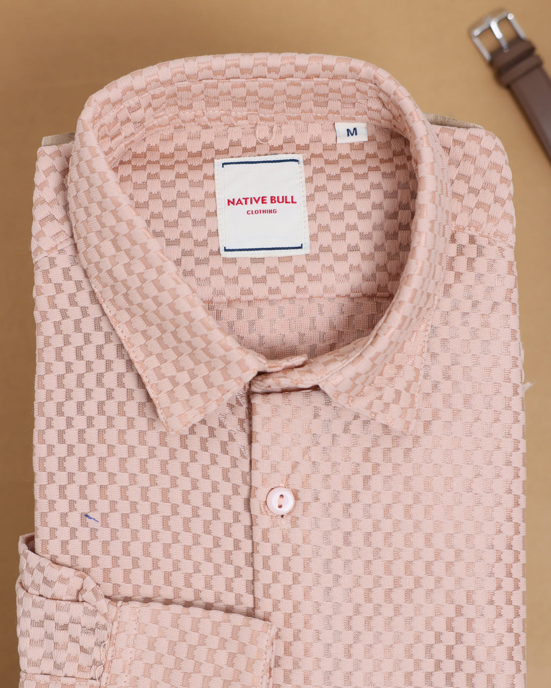 Men's Native Bull Brand Textured Casual Shirt with Spread Collar and Full Sleeves - Peach