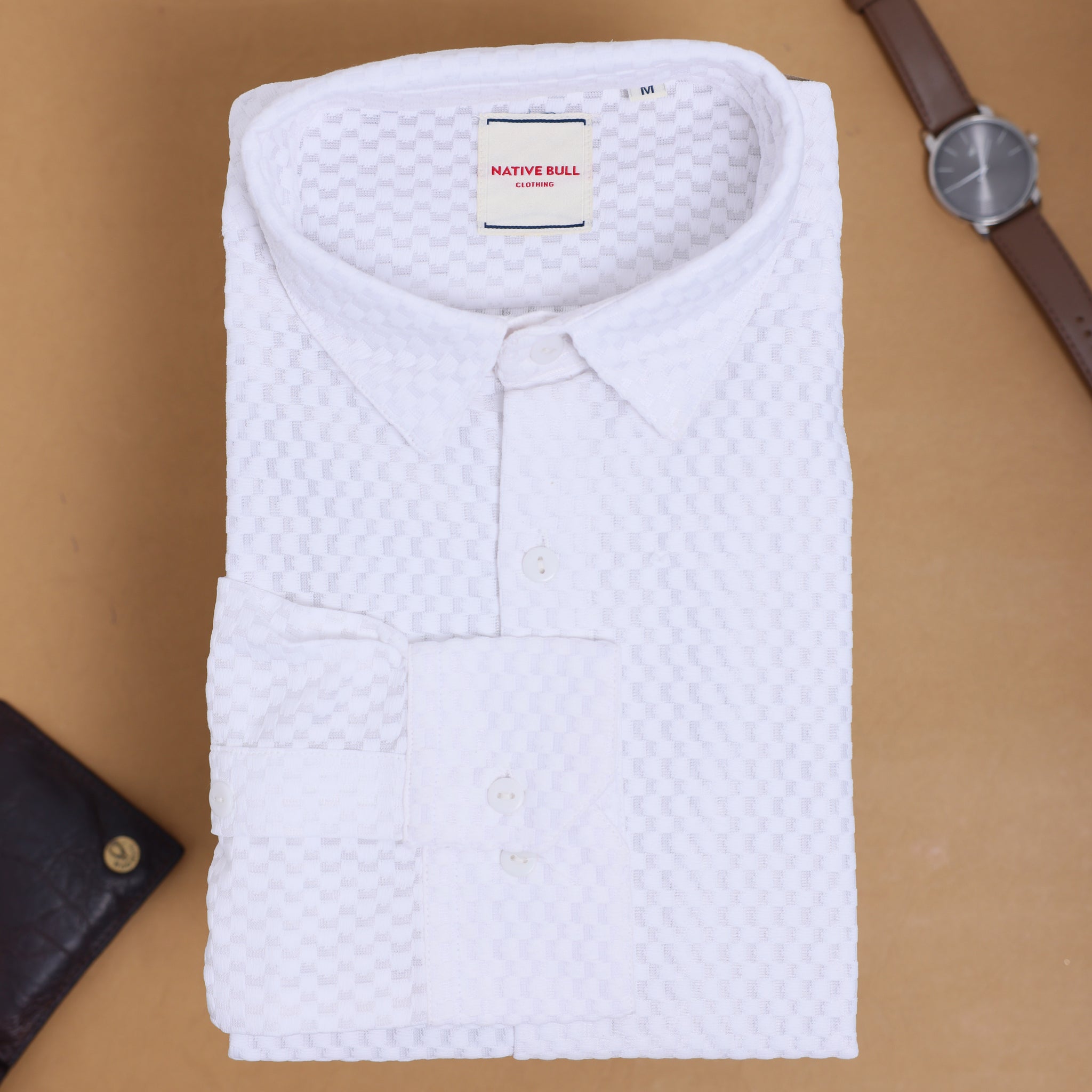 Men's Native Bull Brand Textured Casual Shirt with Spread Collar and Full Sleeves - White