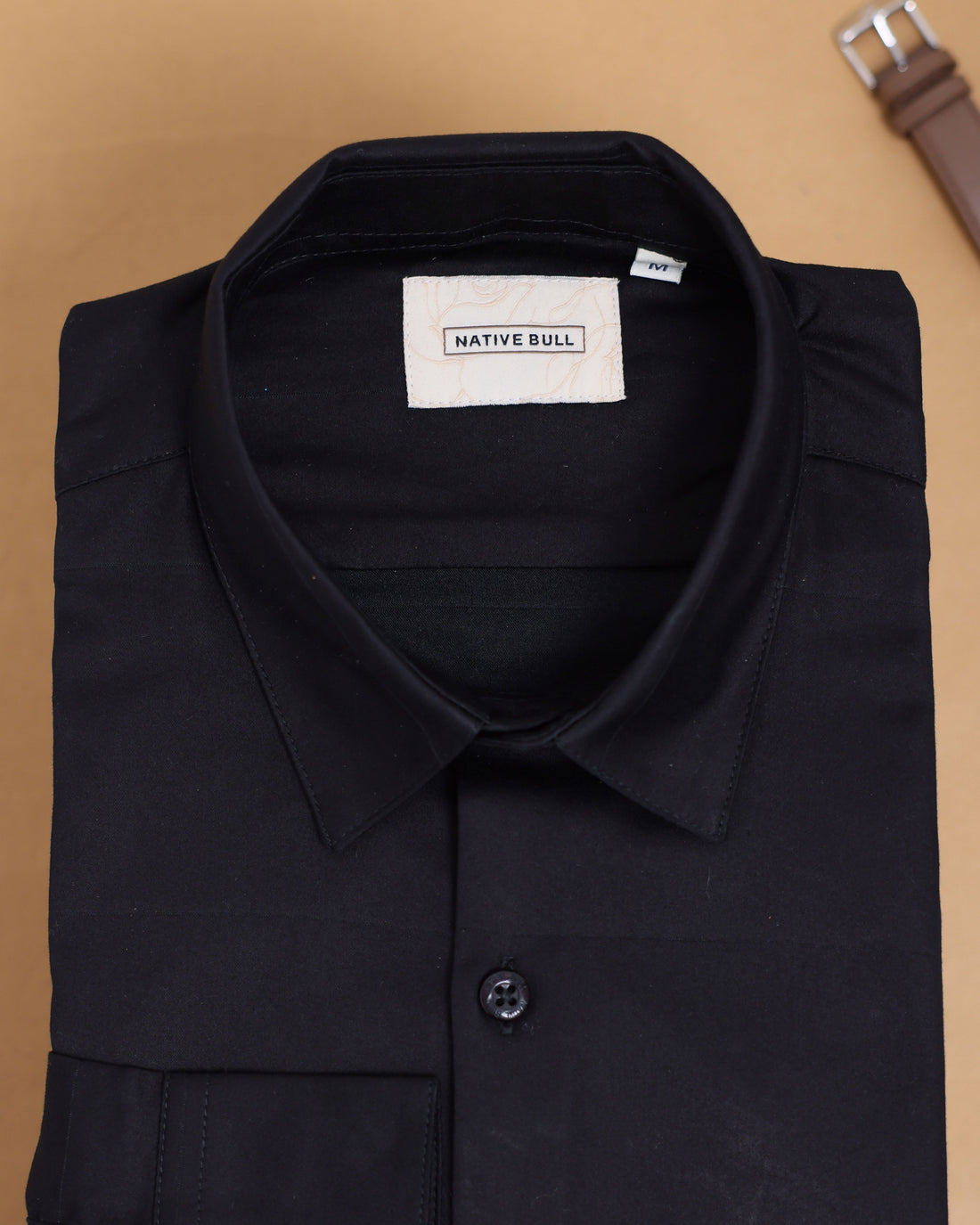 Native Bull Men's Solid Casual Shirt with Spread Collar and Full Sleeves - Black