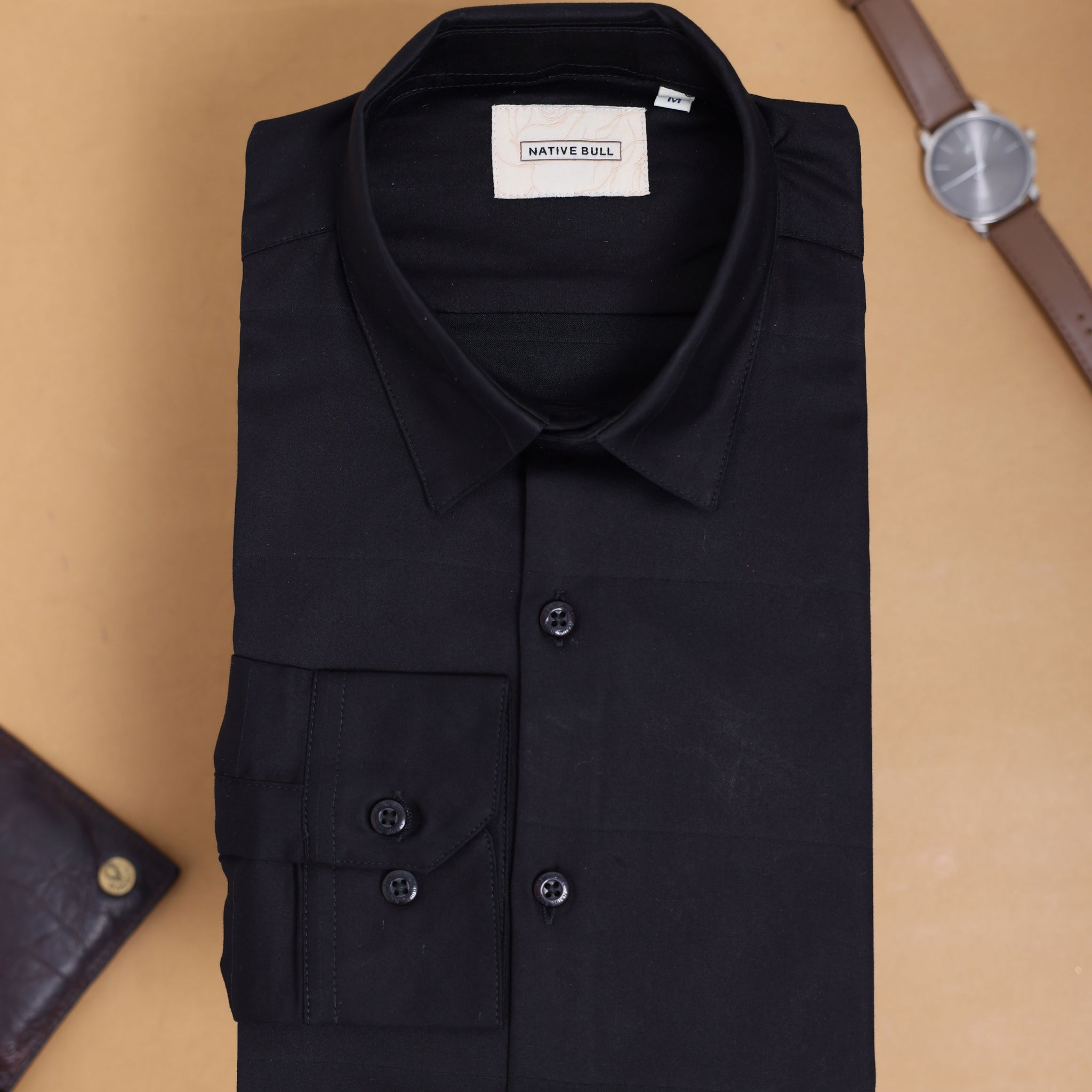 Men's Nativebull Solid Slim Fit Casual Shirt with Spread Collar and Full Sleeves -Black