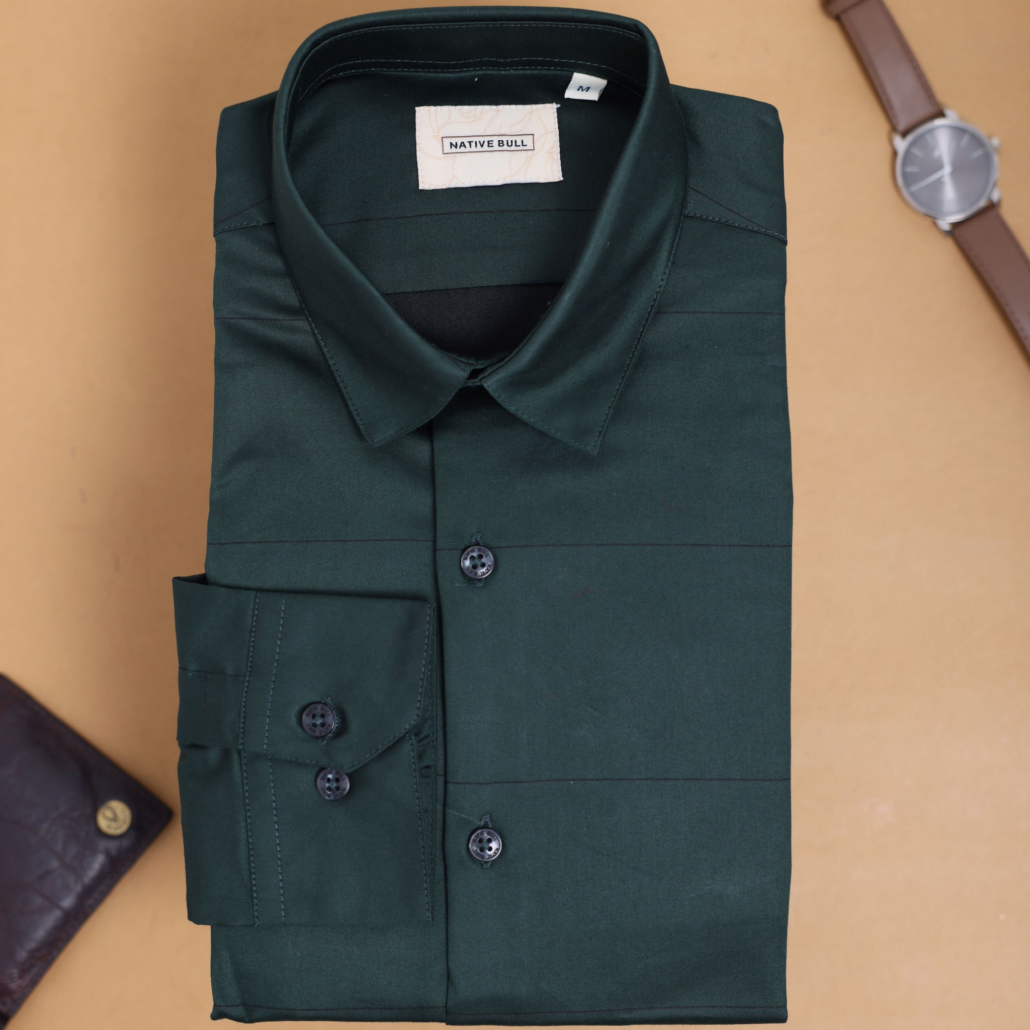 Native Bull Men's Solid Casual Shirt with Spread Collar and Full Sleeves - Green
