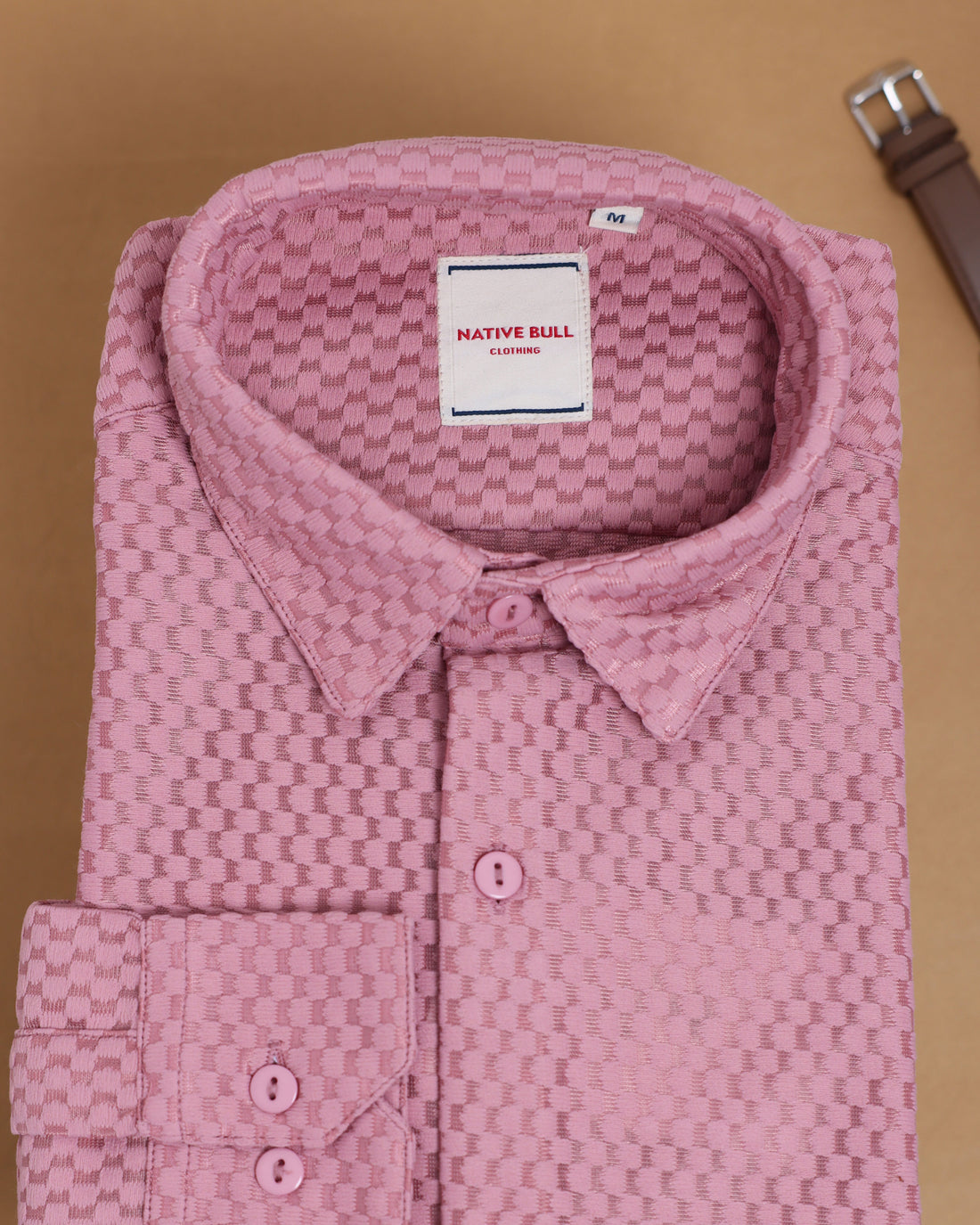 Men's Native Bull Brand Textured Casual Shirt with Spread Collar and Full Sleeves - Pink