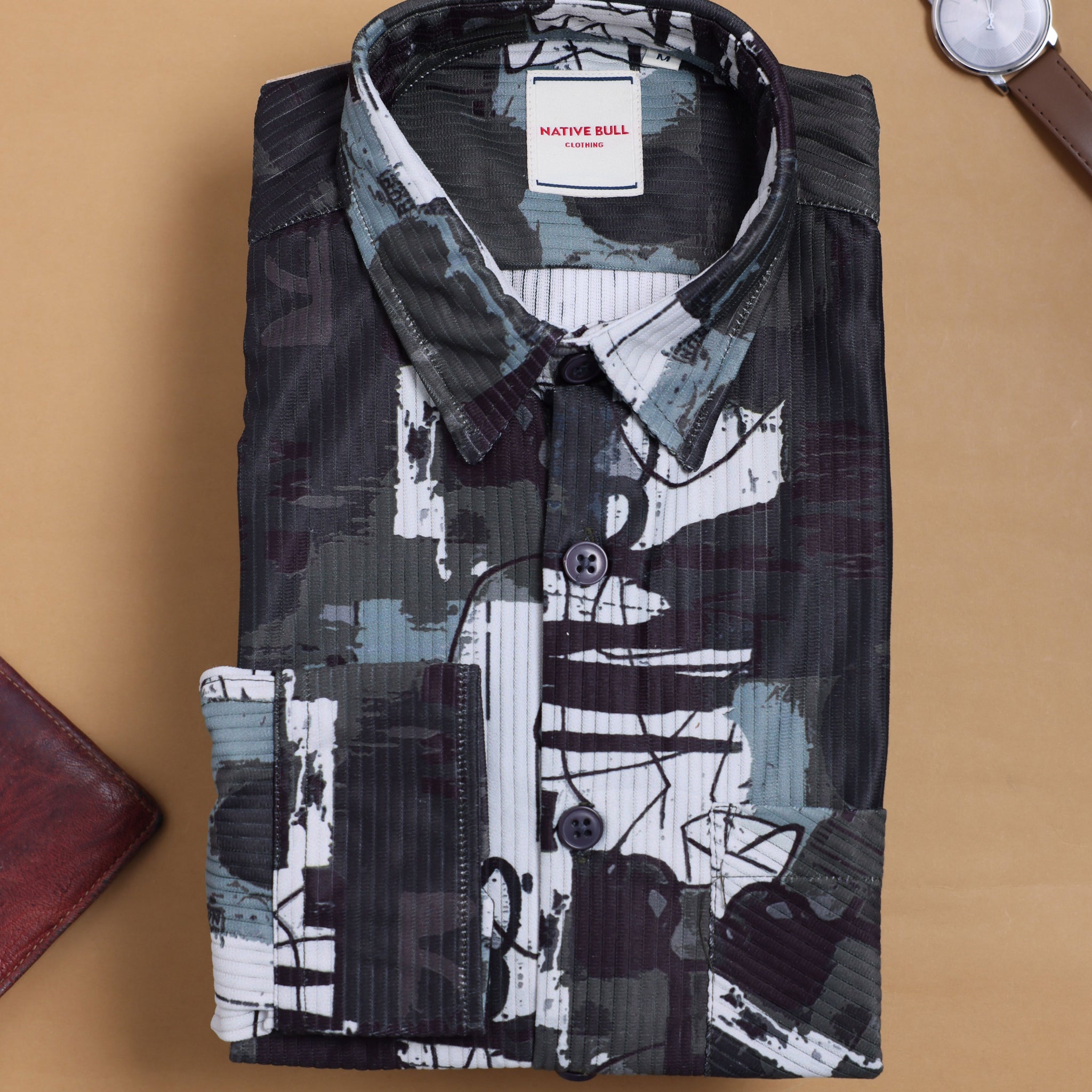 Nativebull Men's Abstract Printed Full Sleeve Casual Shirt with Spread Collar and Curved - Green