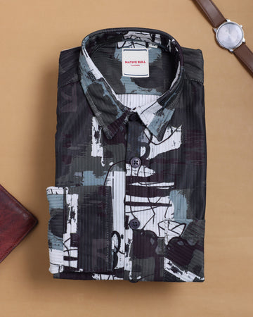 Nativebull Men's Abstract Printed Full Sleeve Casual Shirt with Spread Collar and Curved - Green