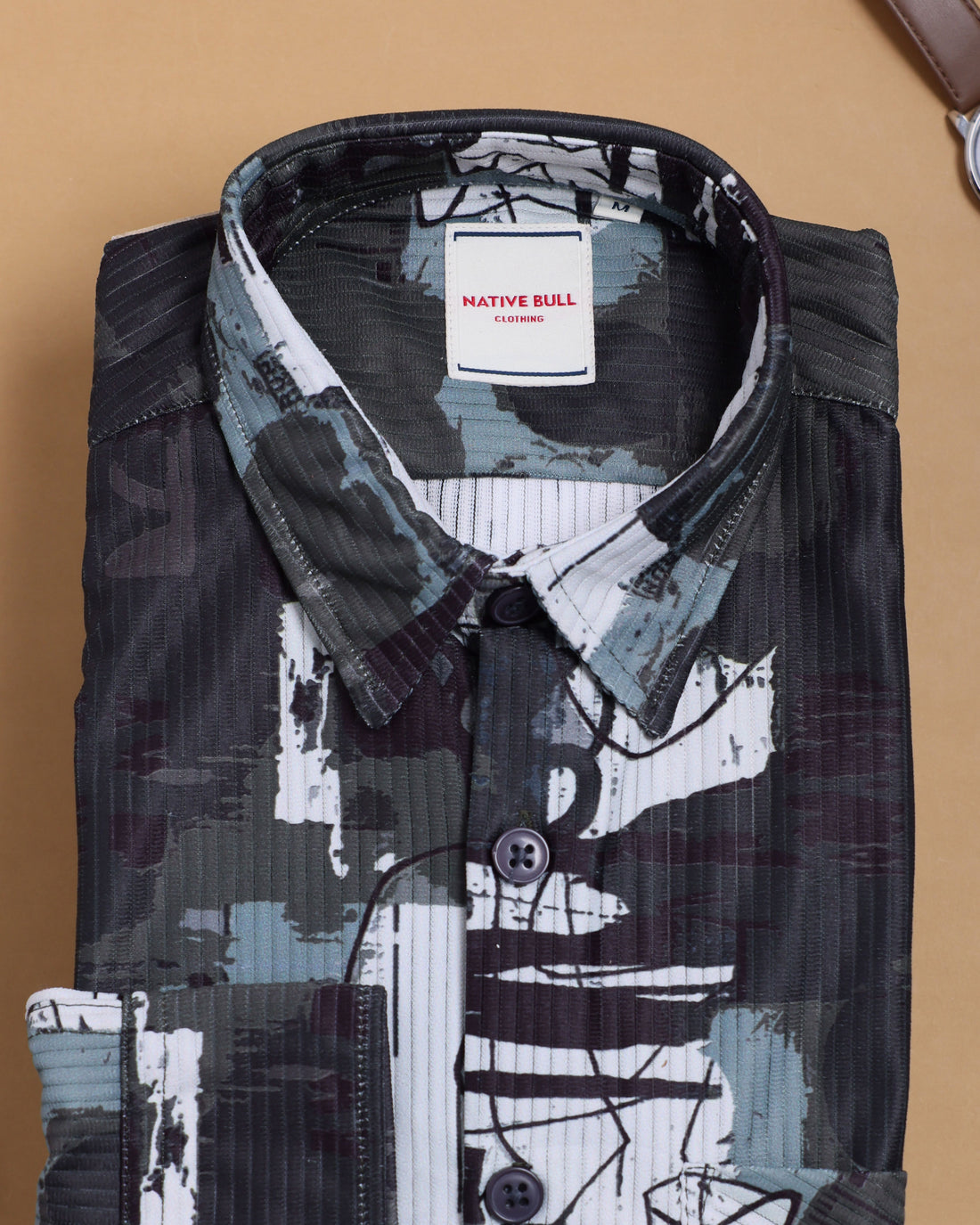 Nativebull Men's Abstract Printed Full Sleeve Casual Shirt with Spread Collar and Curved - Green