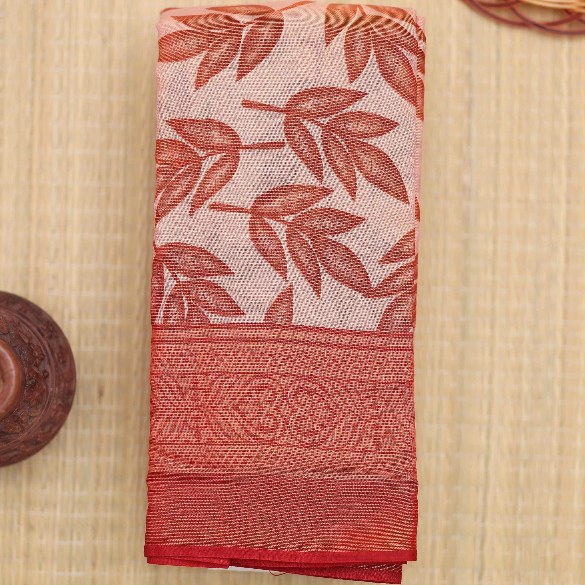 Printed Brasso Saree with Leaf Motif and Patterned Border - Pink