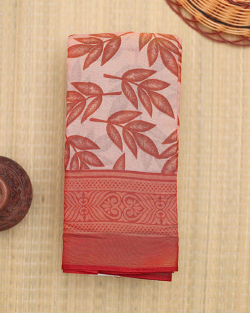 Printed Brasso Saree with Leaf Motif and Patterned Border - Pink
