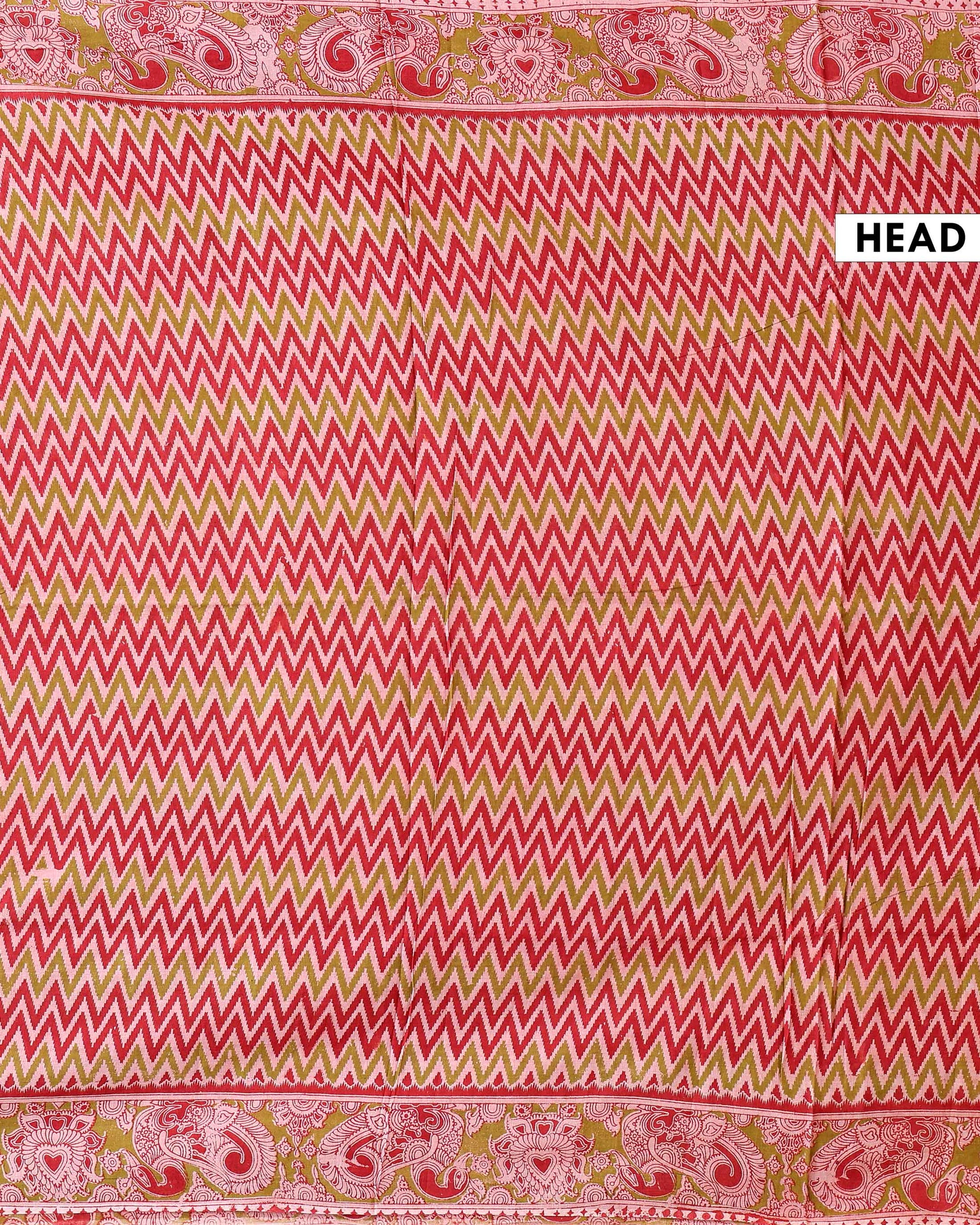 Kalamkari Cotton Saree with Ikat Inspired Chevron Body and Traditional Artistic Border - Multi