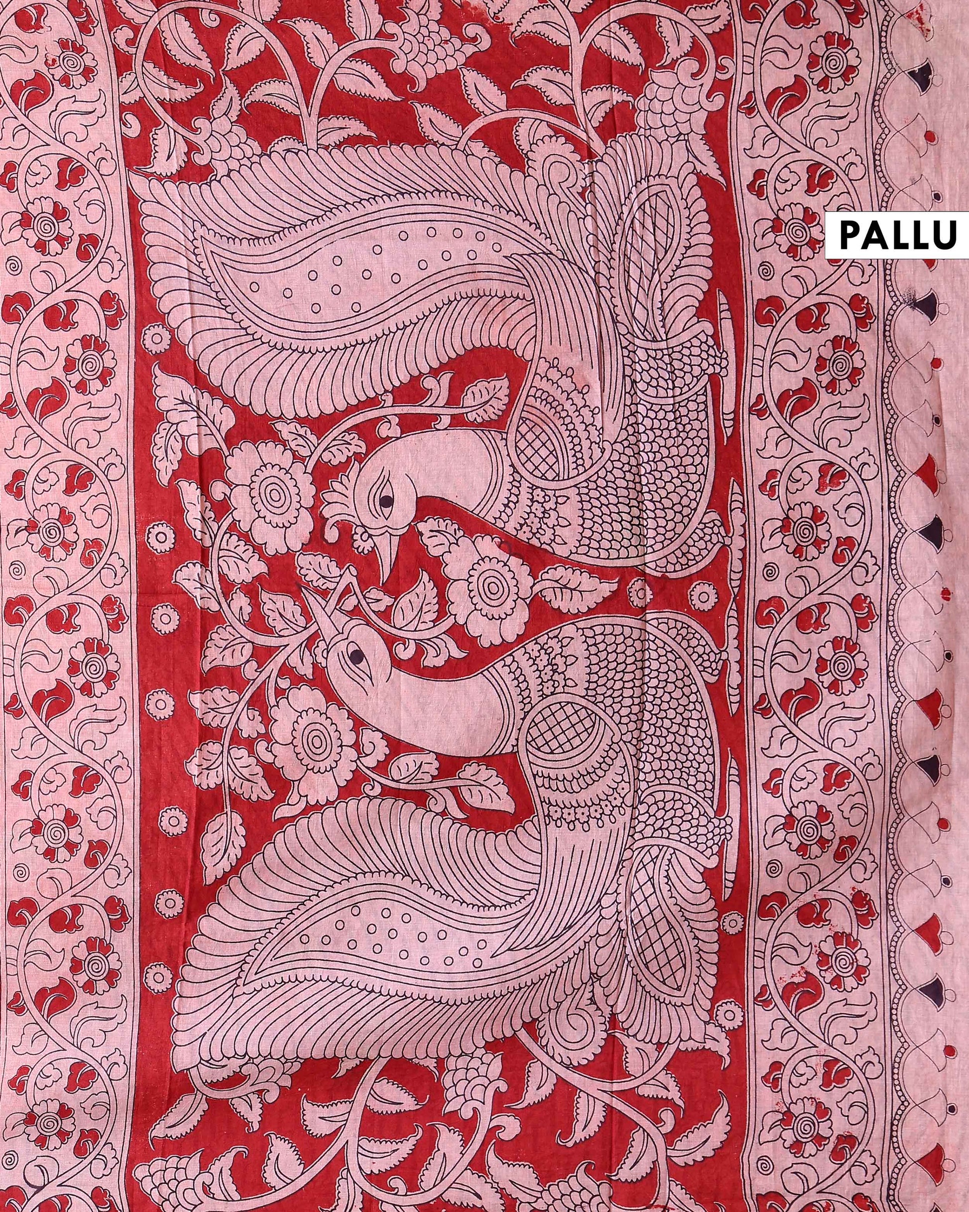 Kalamkari Cotton Saree with Ikat Inspired Chevron Body and Traditional Artistic Border - Multi