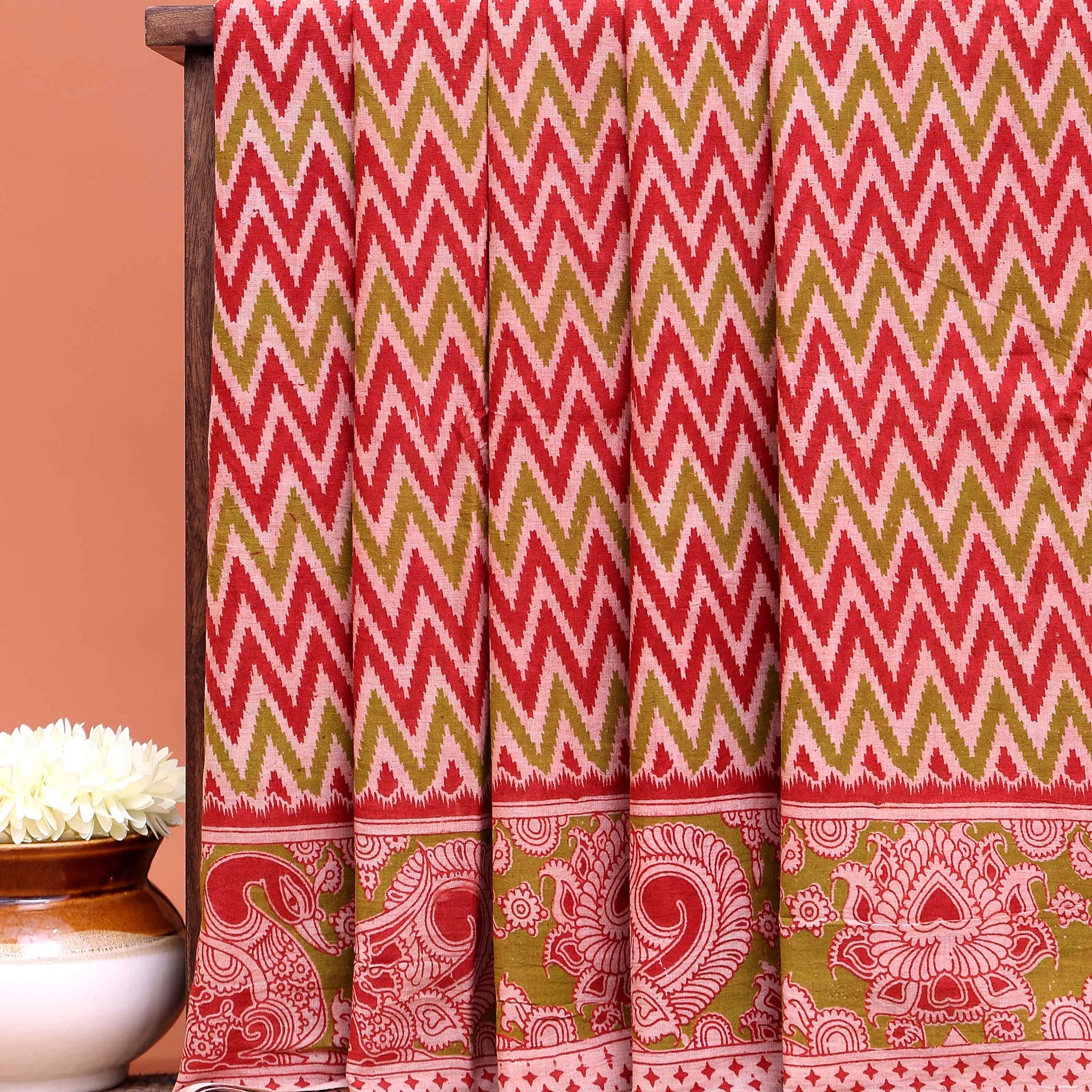 Kalamkari Cotton Saree with Ikat Inspired Chevron Body and Traditional Artistic Border - Multi