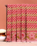 Kalamkari Cotton Saree with Ikat Inspired Chevron Body and Traditional Artistic Border - Multi
