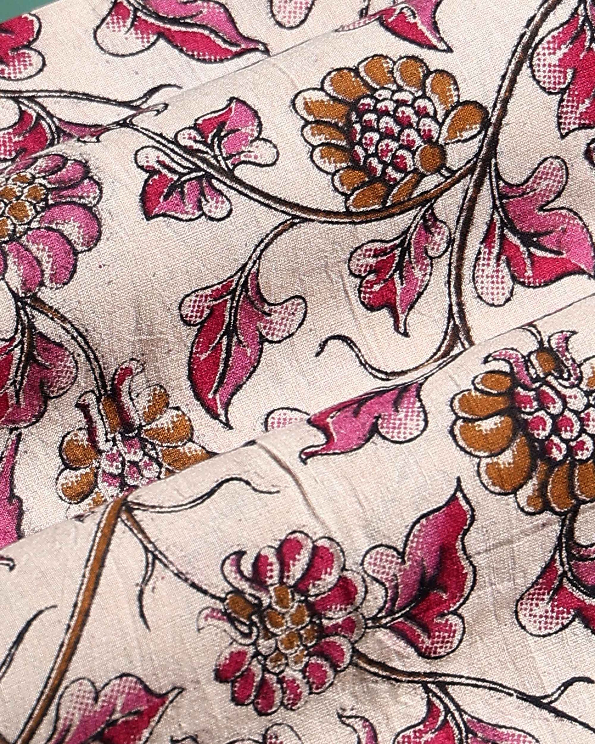 Elegant Kalamkari Floral Printed Women’s 1 Meter Blouse Material with Traditional Handcrafted Detailing - Sandal