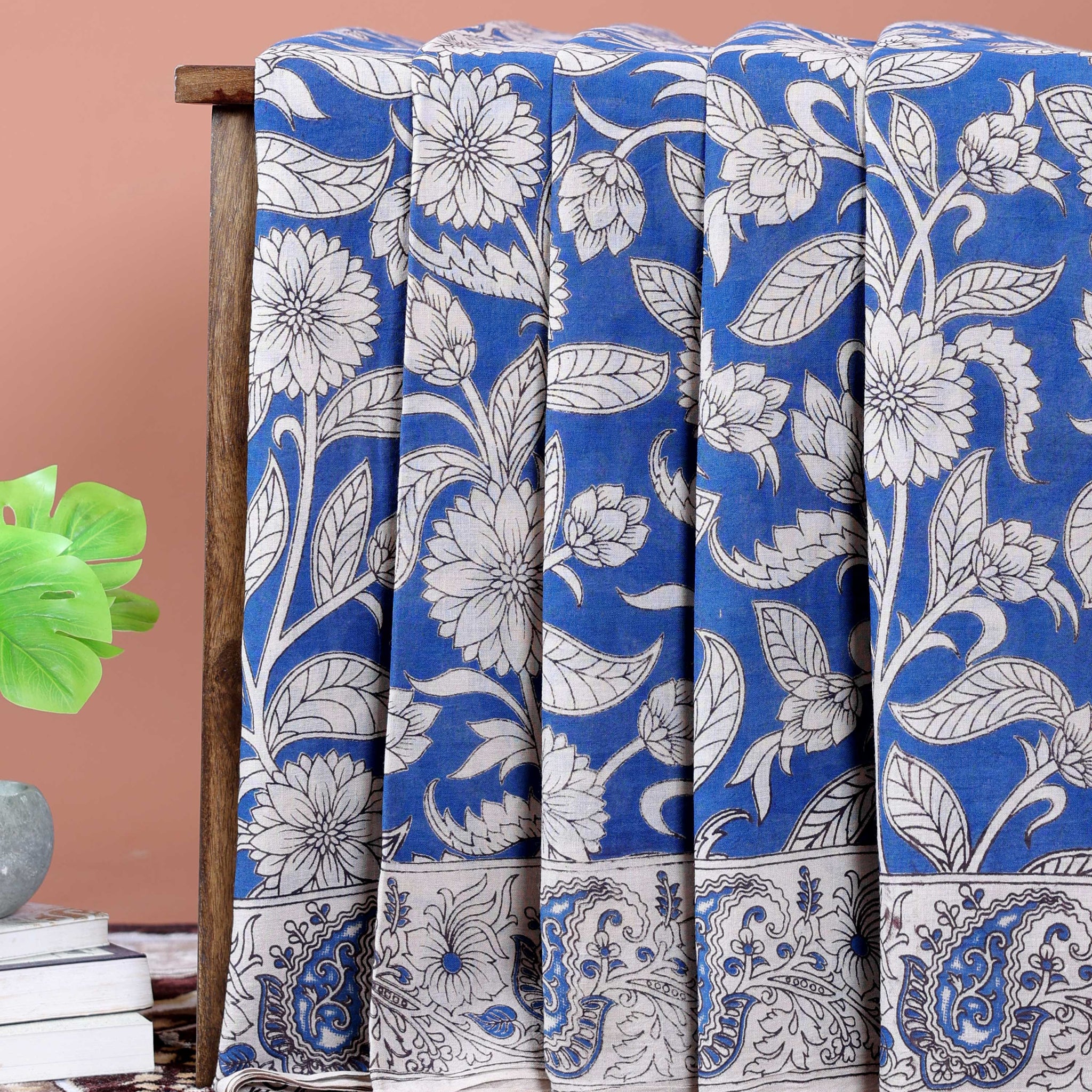 Kalamkari Hand-Block Printed Cotton Saree with Traditional Floral & Paisley Motifs - Blue