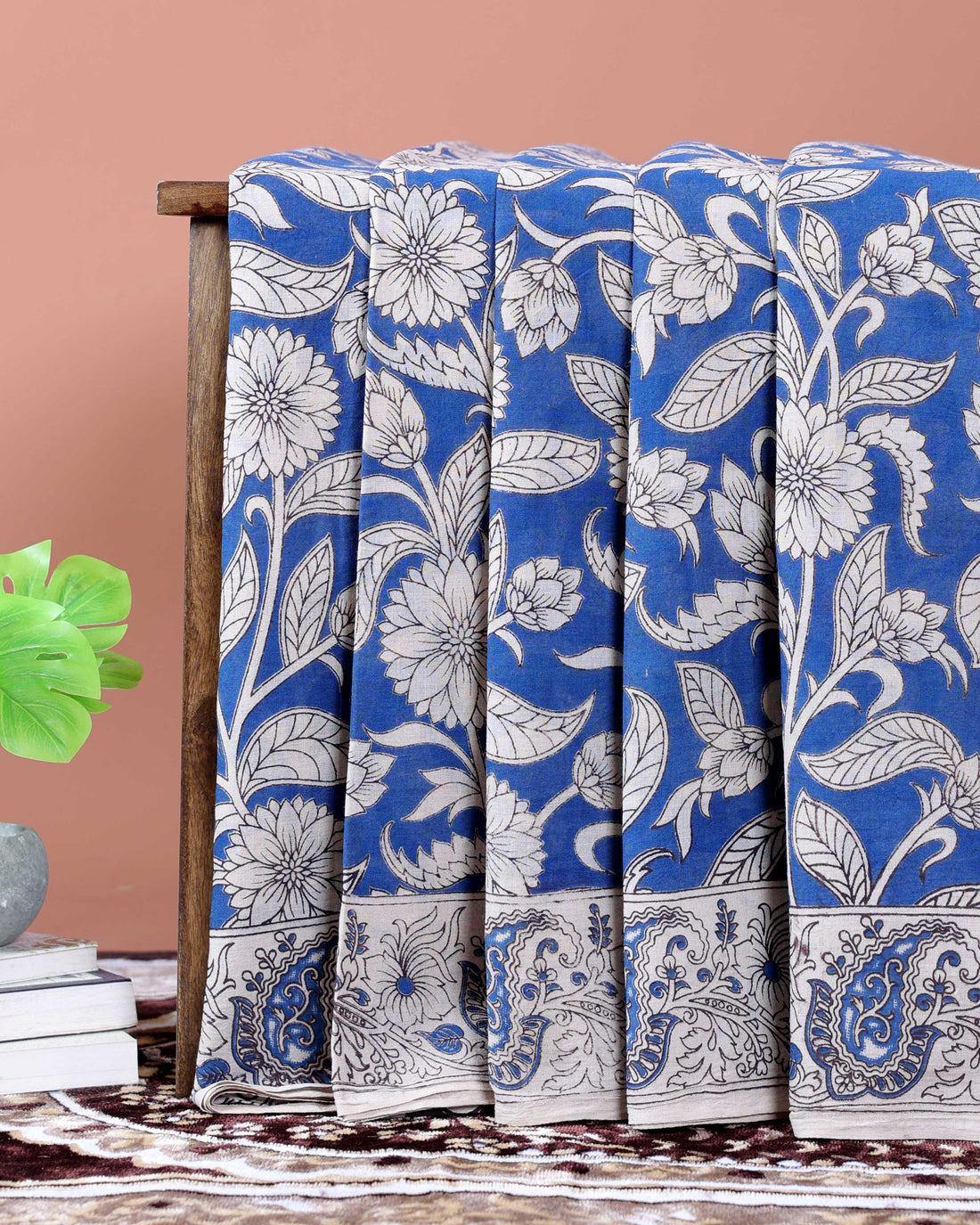 Kalamkari Hand-Block Printed Cotton Saree with Traditional Floral & Paisley Motifs - Blue