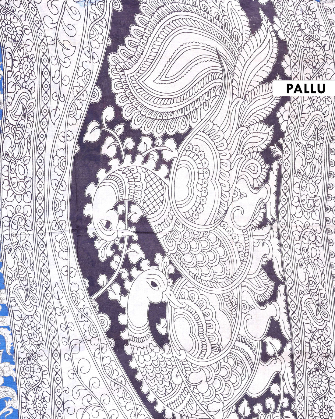 Kalamkari Hand-Block Printed Cotton Saree with Traditional Floral & Paisley Motifs - Blue