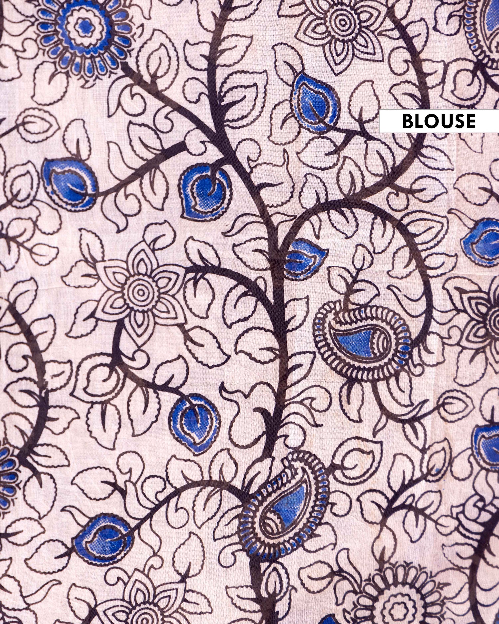 Kalamkari Hand-Block Printed Cotton Saree with Traditional Floral and Paisley Motifs - Blue