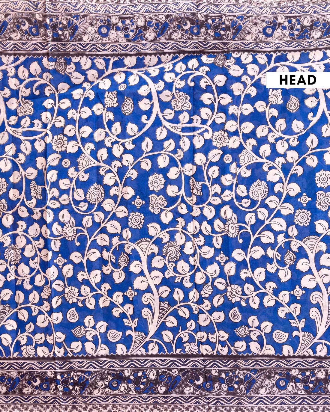 Kalamkari Hand-Block Printed Cotton Saree with Traditional Floral and Paisley Motifs - Blue