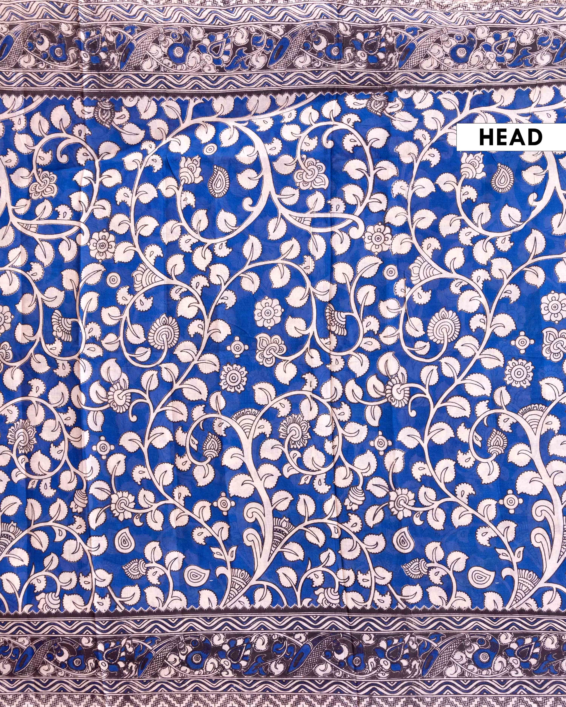Kalamkari Hand-Block Printed Cotton Saree with Traditional Floral and Paisley Motifs - Blue