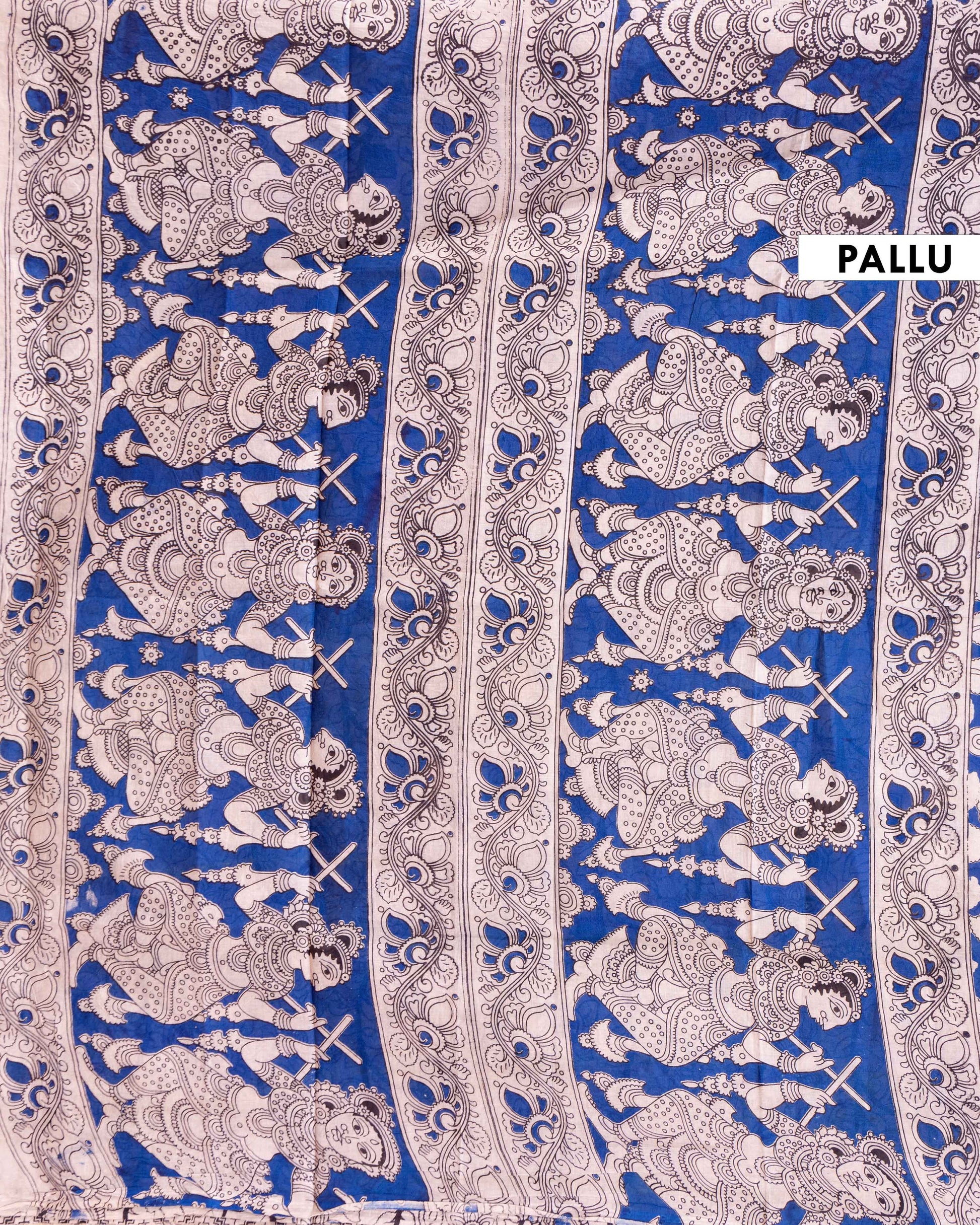 Kalamkari Hand-Block Printed Cotton Saree with Traditional Floral and Paisley Motifs - Blue