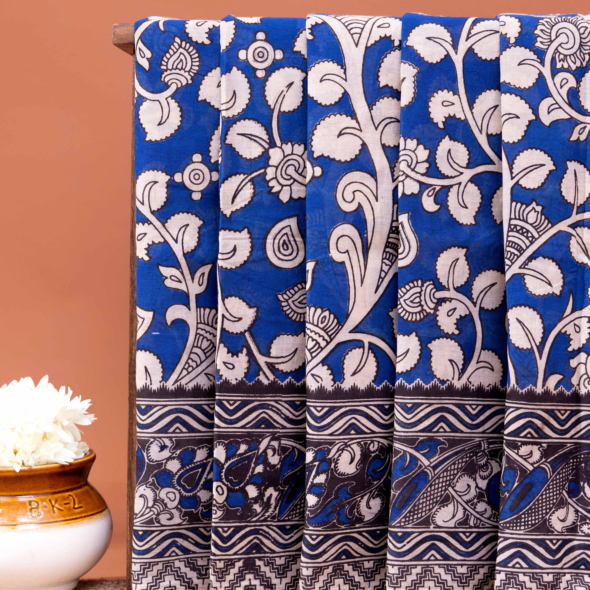 Kalamkari Hand-Block Printed Cotton Saree with Traditional Floral and Paisley Motifs - Blue
