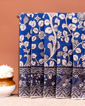Kalamkari Hand-Block Printed Cotton Saree with Traditional Floral and Paisley Motifs - Blue