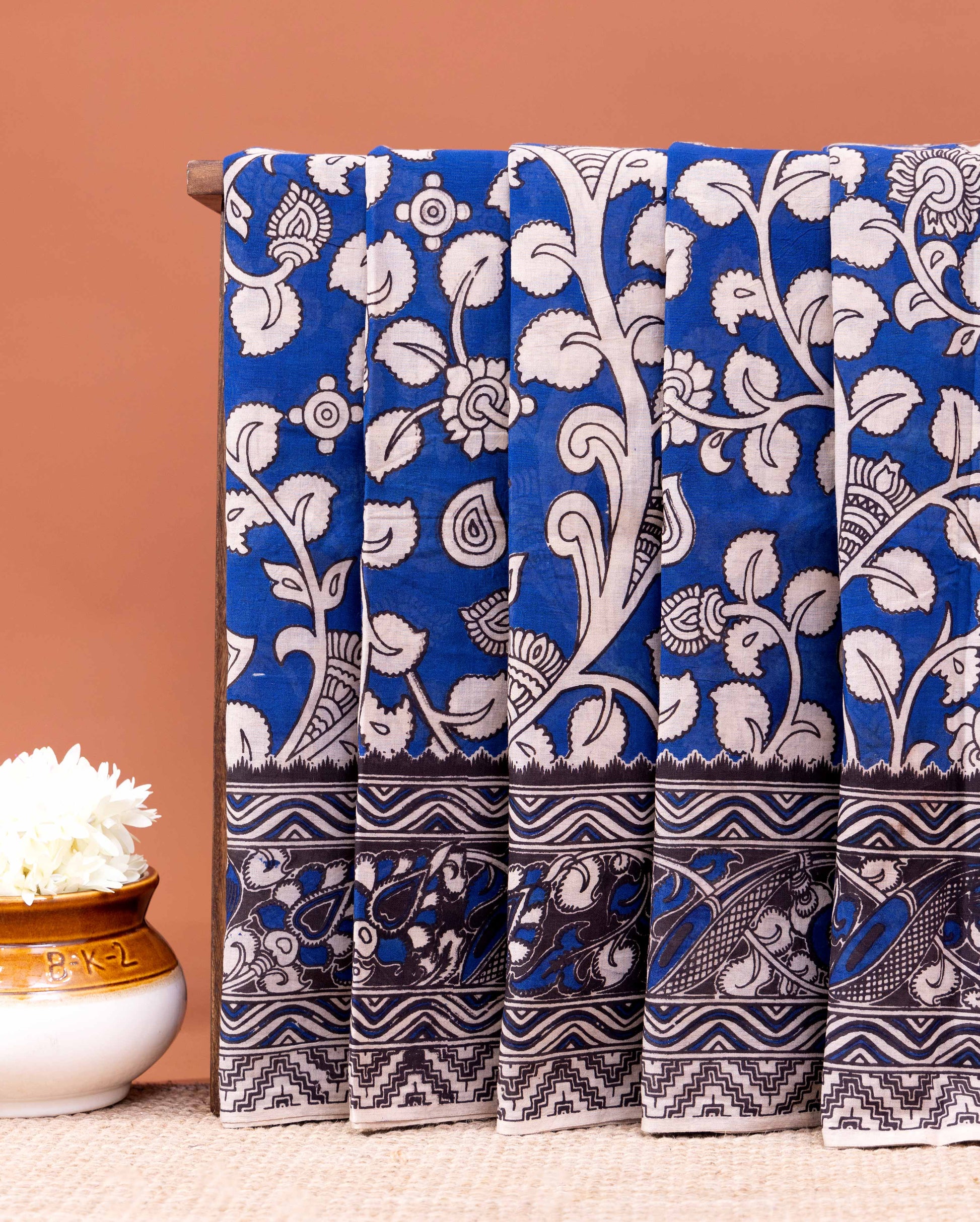 Kalamkari Hand-Block Printed Cotton Saree with Traditional Floral and Paisley Motifs - Blue