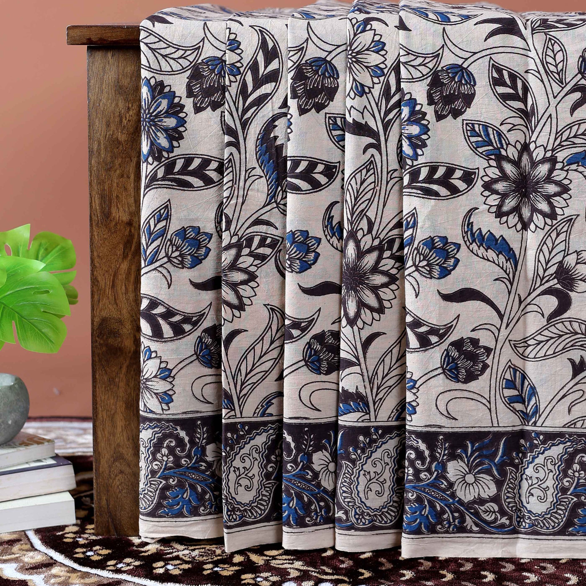 Kalamkari Handblock Print Cotton Saree with Floral & Paisley Border - Cream