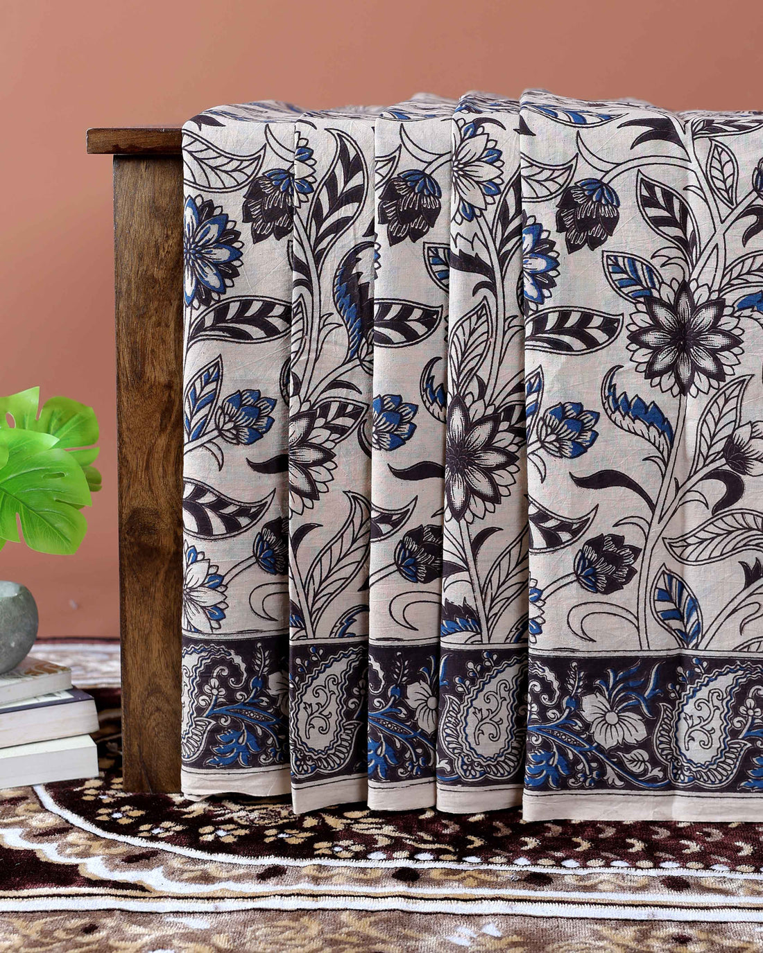 Kalamkari Handblock Print Cotton Saree with Floral & Paisley Border - Cream