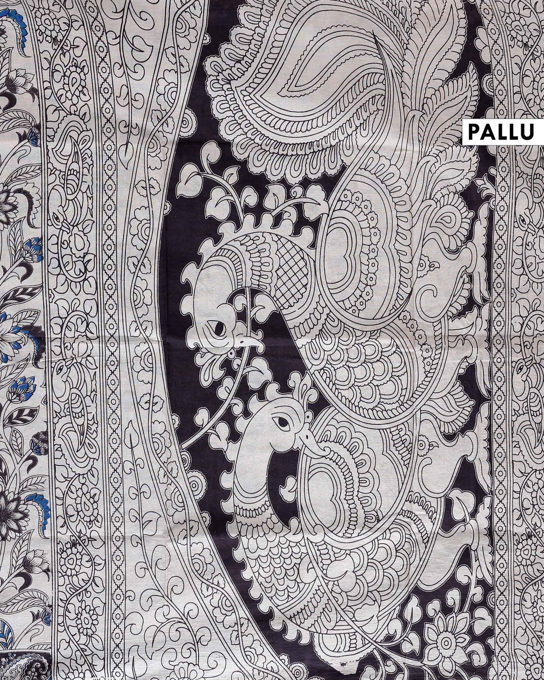 Kalamkari Handblock Print Cotton Saree with Floral & Paisley Border - Cream