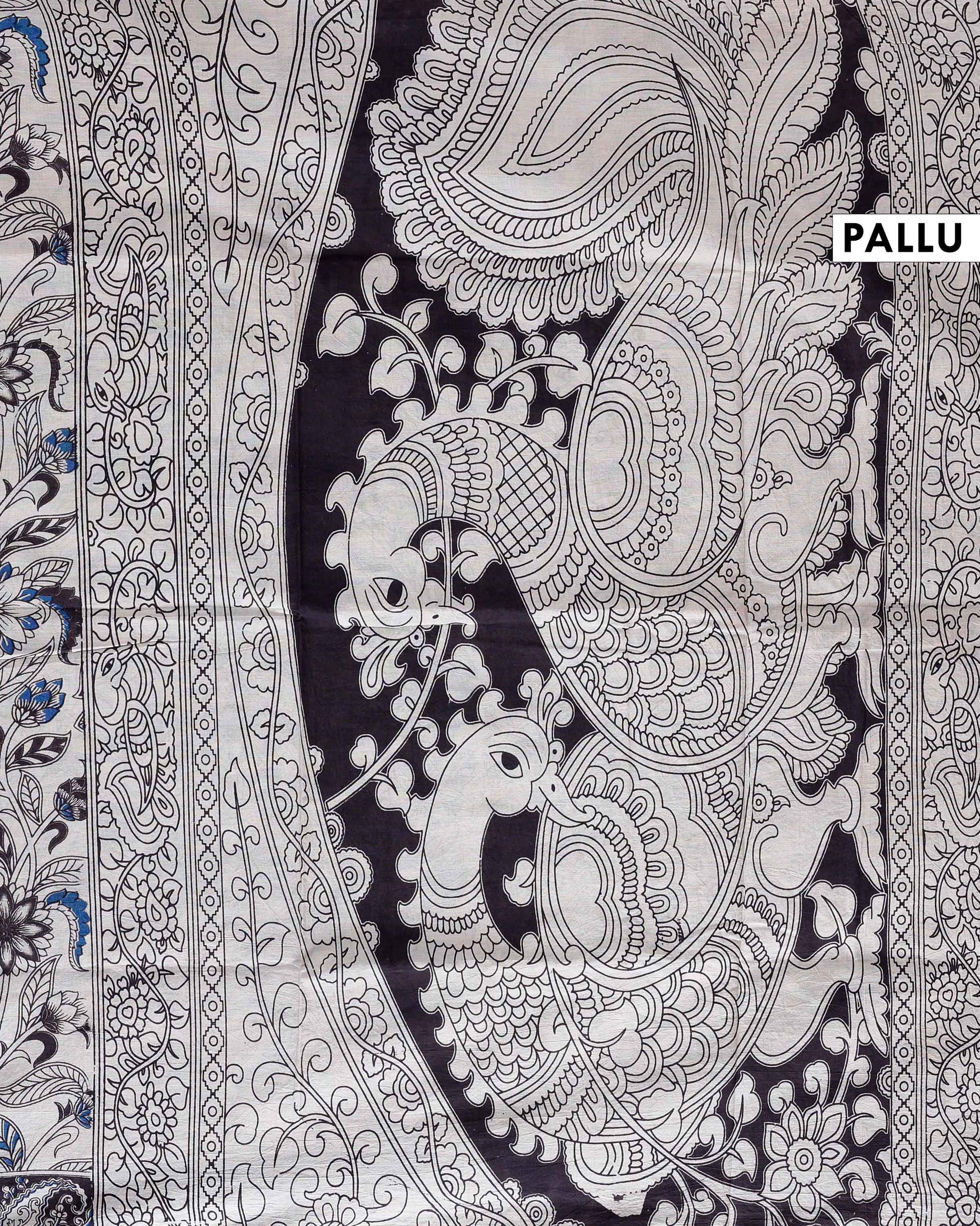 Kalamkari Handblock Print Cotton Saree with Floral & Paisley Border - Pallu