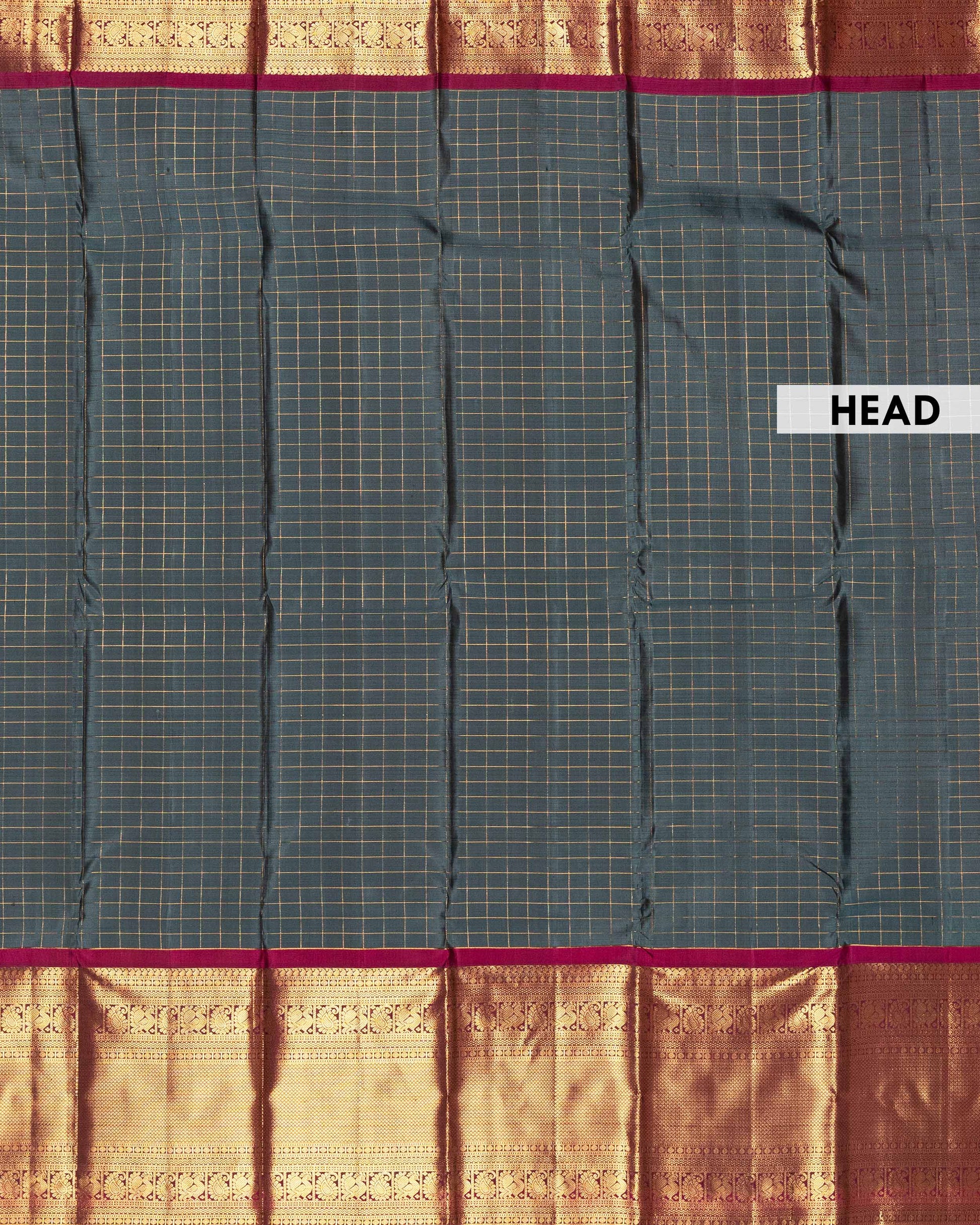 Elegant Kanchipuram Pure Silk Saree with Checked Body and Rich Traditional Zari Woven Border - Grey-Head
