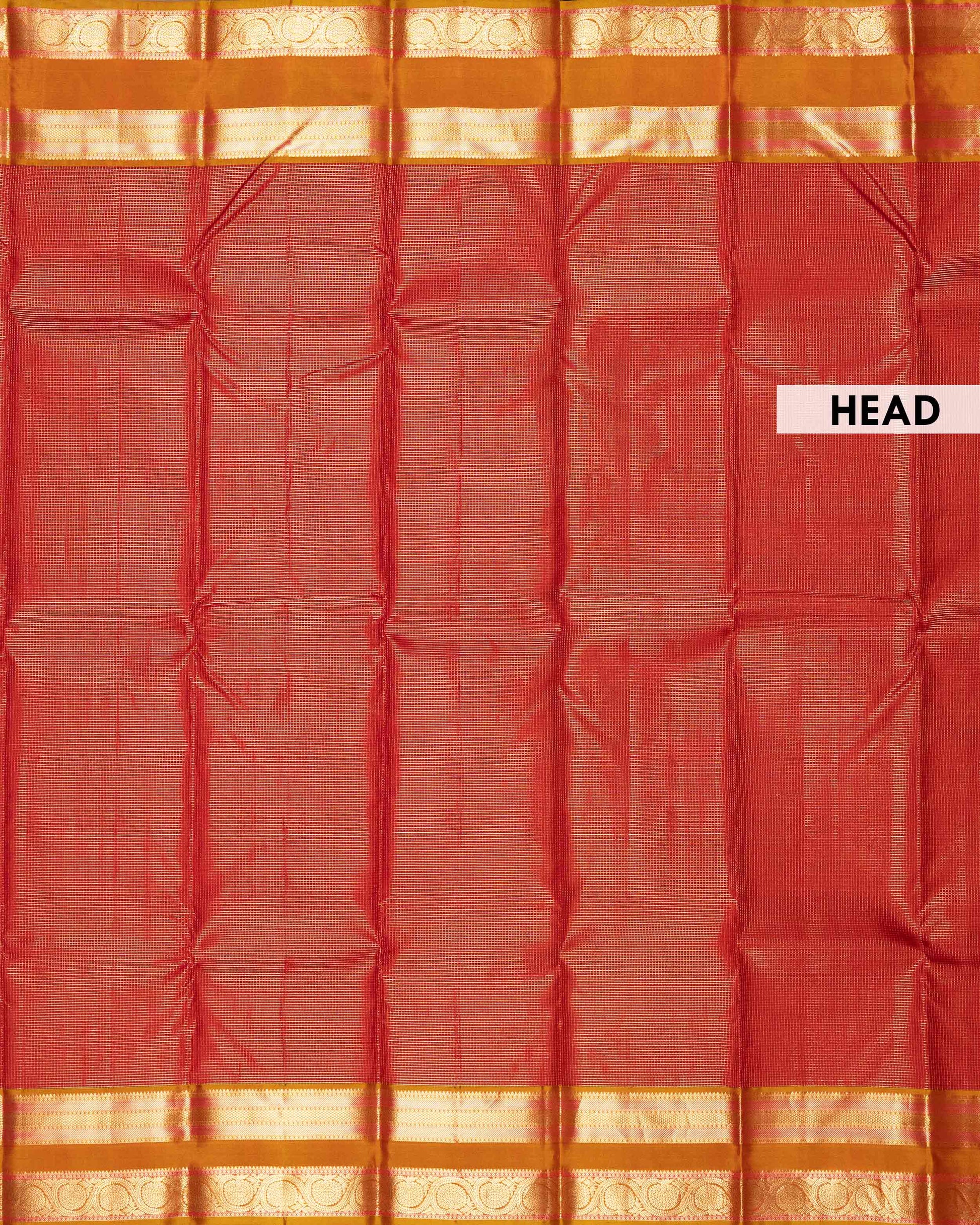 Elegant Kanchipuram Pure Silk Saree with Fine Micro Checked Weave and Traditional Zari Paisley Border - Red-Head