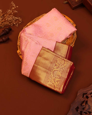 Kanchipuram Pure Silk Saree with Intricate Zari Border and Traditional Motifs - Pink