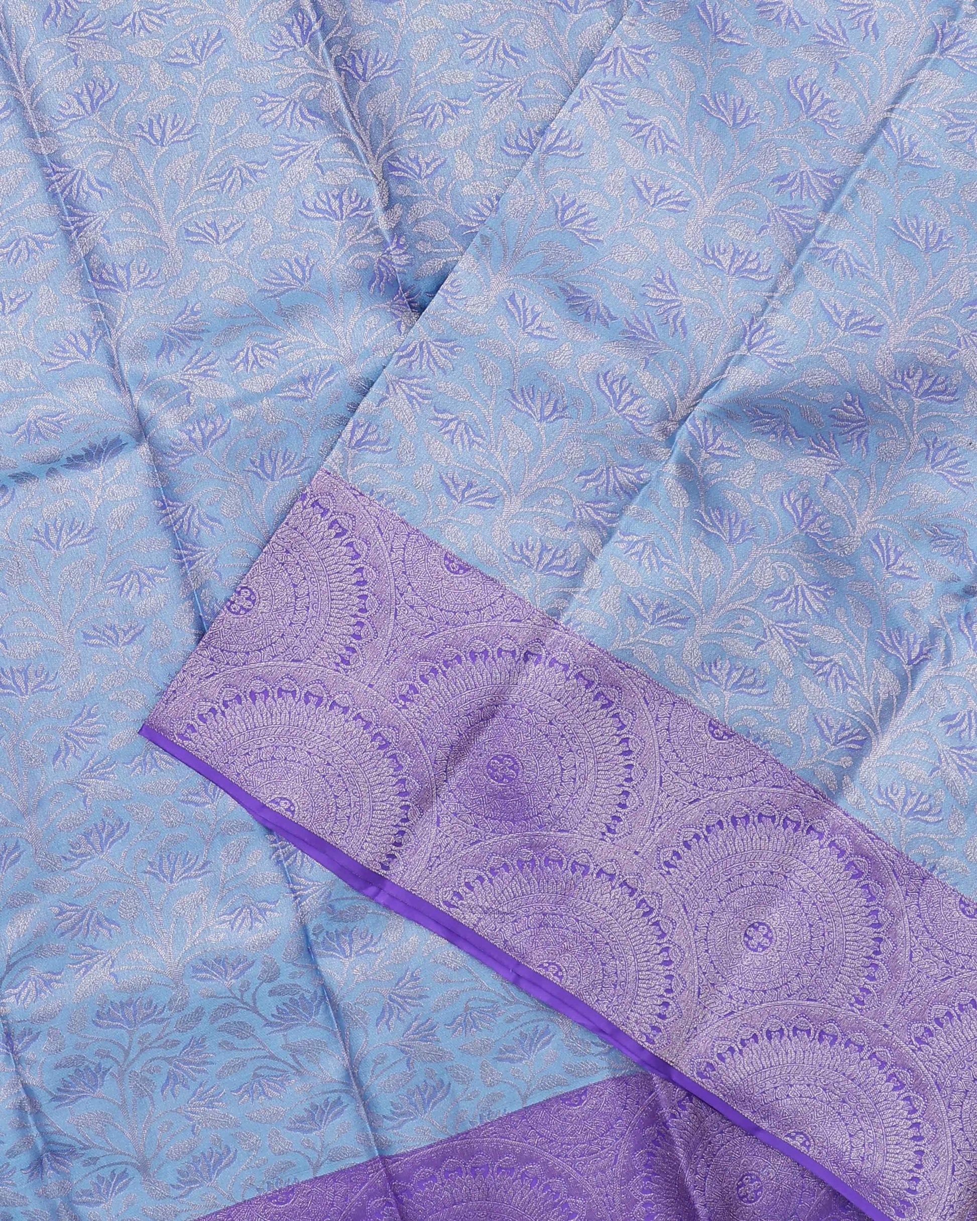 Kanchipuram Pure Silk Saree with Intricate Zari Weave & Traditional Motifs - Blue-Close Up