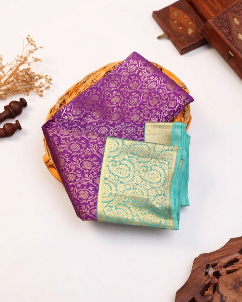 Kanchipuram Pure Silk Saree with Intricate Zari Weaves and Traditional Motifs - Purple
