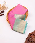 Kanchipuram Pure Silk Saree with Traditional Zari Border & Contrast Pallu - Pink
