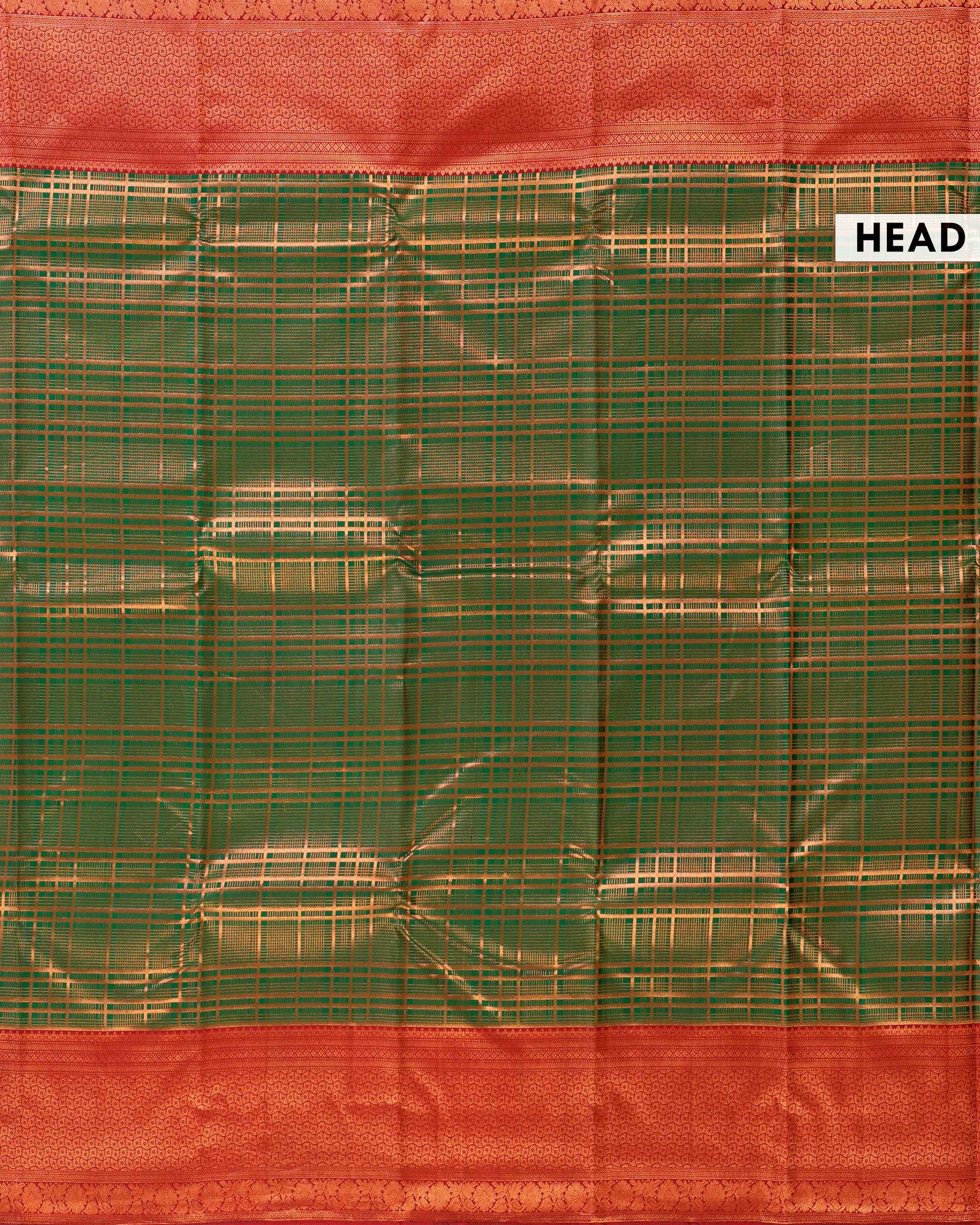 Kanchipuram Pure Silk Saree with Zari Checks and Intricate Weave Border - Green-Head