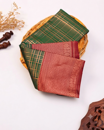 Kanchipuram Pure Silk Saree with Zari Checks and Intricate Weave Border - Green