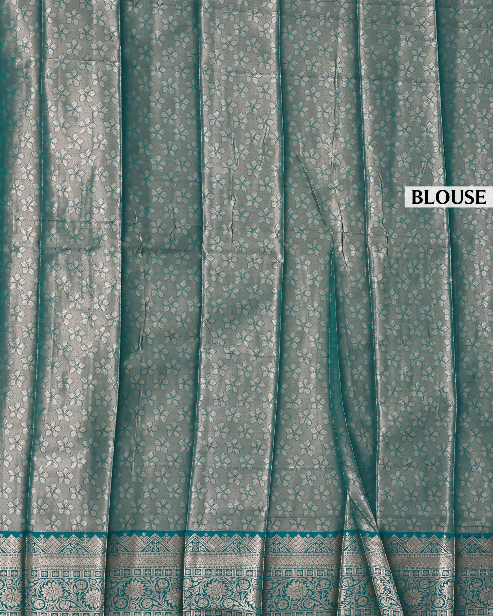 Kanchipuram Tissue Saree with Intricate Zari Weave & Floral Motifs - Green-Blouse