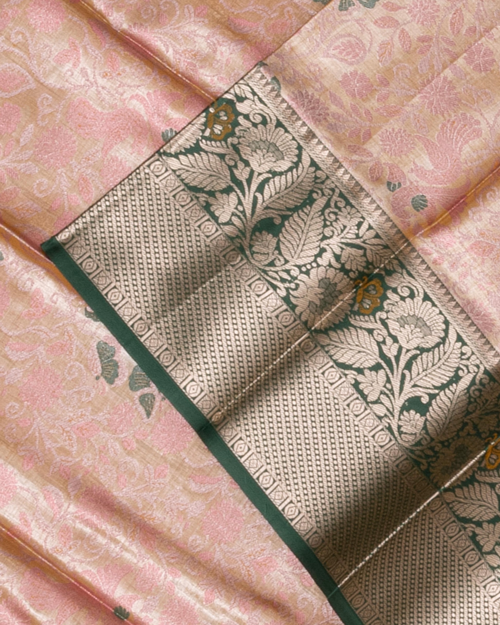 Kanchipuram Tissue Saree with Intricate Zari Woven Floral Brocade and Contrast Border - Multi-Close Up